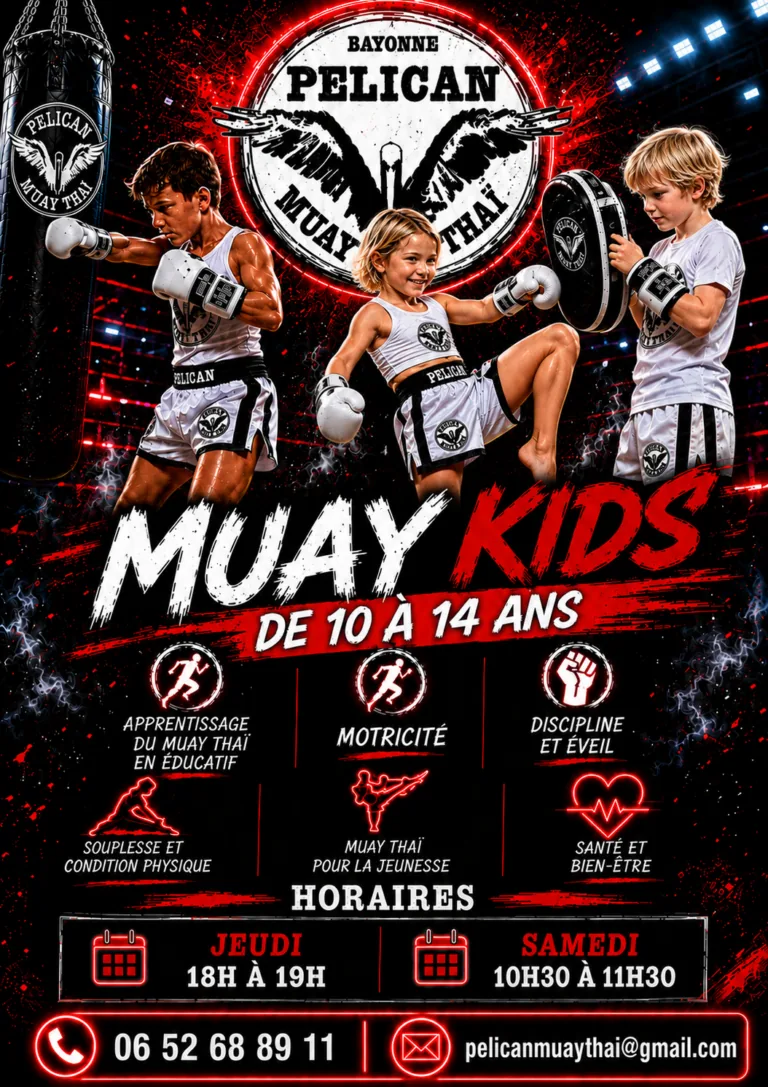 Affiche Muay Kids 10 à 14 ans — apprentissage, motricité, discipline, bien-être